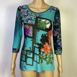 Save The Queen Multi Printed Roma 3/4 Sleeve Top Sz XS